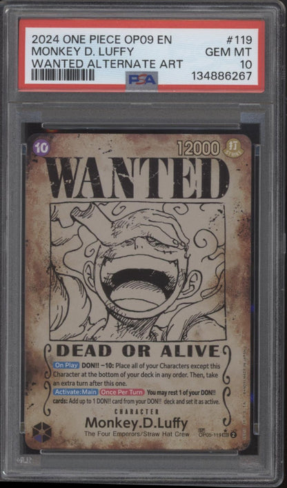 Monkey D Luffy One Piece Card Game OP09 Wanted Alternate Art #119 PSA 10