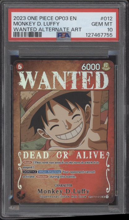 Monkey D Luffy One Piece Card Game OP03 Wanted Alternate Art #012 PSA 10