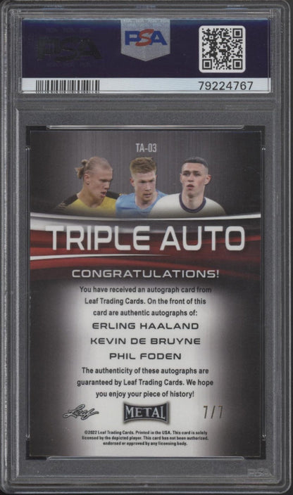 Haaland / De Bruyne / Foden 2022 Leaf Metal Triple Autos 7/7 PSA 9 / 10 Autos