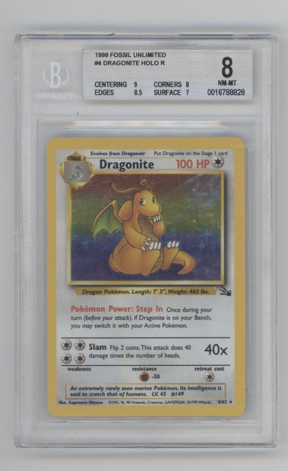 Dragonite Pokemon Fossil Holo #4 Beckett 8
