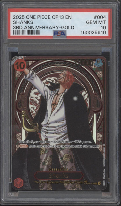 Shanks One Piece Card Game OP13 3rd Anniversary Gold #004 PSA 10